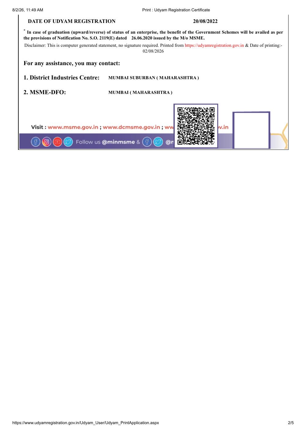 ChaloCar Udyam registration certificate — page 2